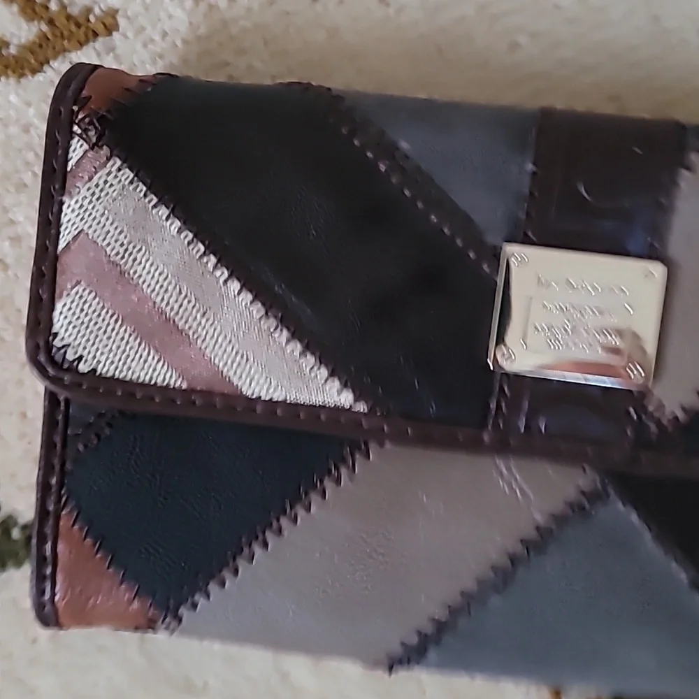 Liz Claiborne Women Brown Multicolor Patchwork Tri Fold Long Faux Leather Wallet